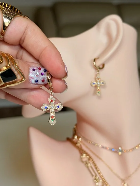 Gold Cross Pendant Huggie Earring with Multicolor Stones - Picture 7 of 12